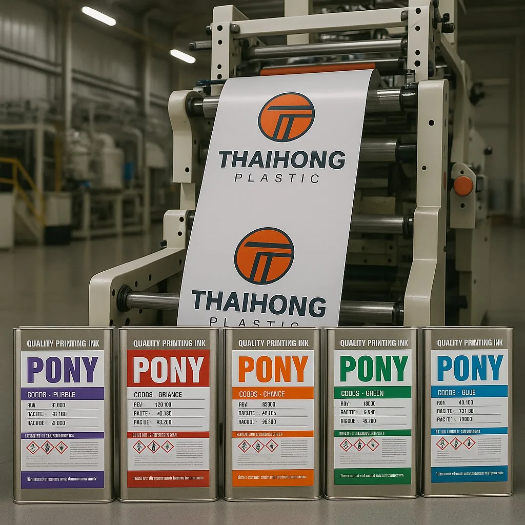 รูปถังสีวางอยู่ในไลน์ผลิตแผนกพิมพ์สี รูปถังสีวางอยู่ในไลน์ผลิต จำนวน 5 ถัง วางอยู่หน้าเครื่องพิมพ์สี