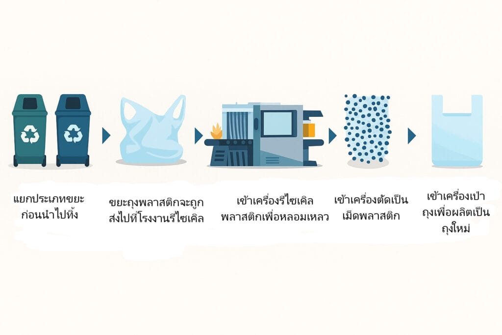 วัฏจักรการรีไซเคิลถุงพลาสติก วัฏจักรของการรีไซเคิลถุงพลาสติก แสดงถึงการนำถุงพลาสติกมาหลอมเพื่อเข้าสู่กระบวนการขึ้นรูปีอกครั้ง