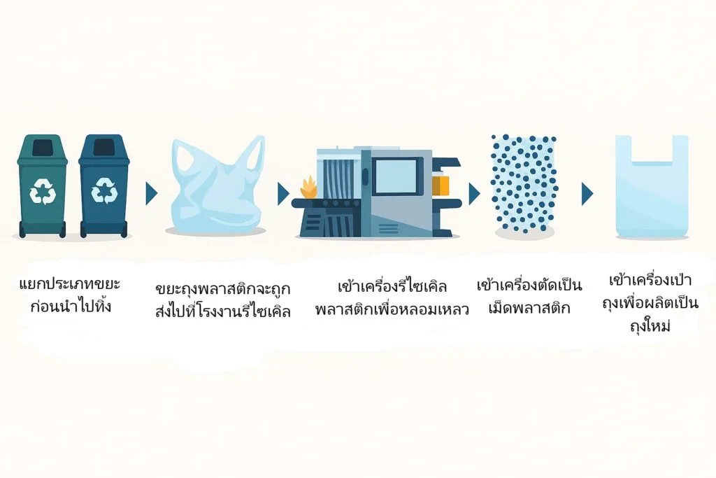 วัฏจักรการรีไซเคิลถุงพลาสติก วัฏจักรของการรีไซเคิลถุงพลาสติก แสดงถึงการนำถุงพลาสติกมาหลอมเพื่อเข้าสู่กระบวนการขึ้นรูปีอกครั้ง