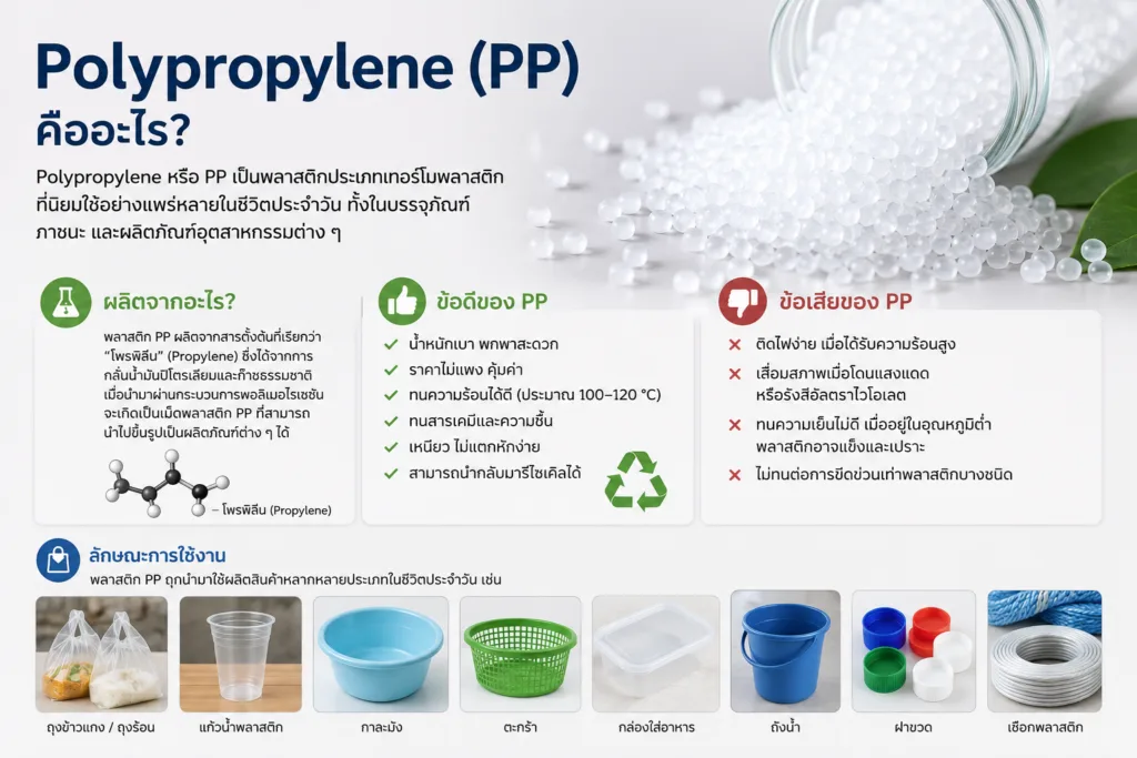 ความหมายของ Polypropylene (PP) Polypropylene หรือที่นิยมเรียกกันสั้น ๆ ว่า PP