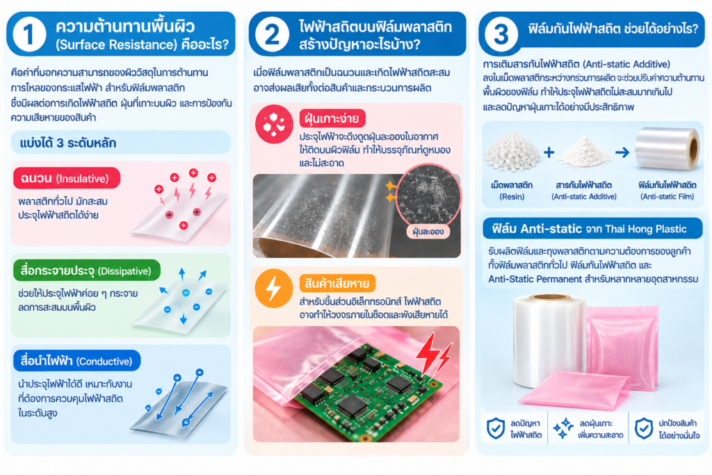 การเกิดไฟฟ้าสถิต ฝุ่นที่เกาะบนผิวฟิล์ม และการป้องกันความเสียหายของสินค้า โดยเฉพาะชิ้นส่วนอิเล็กทรอนิกส์ การเกิดและการสะสมของไฟฟ้าสถิตบนผิวพลาสติก