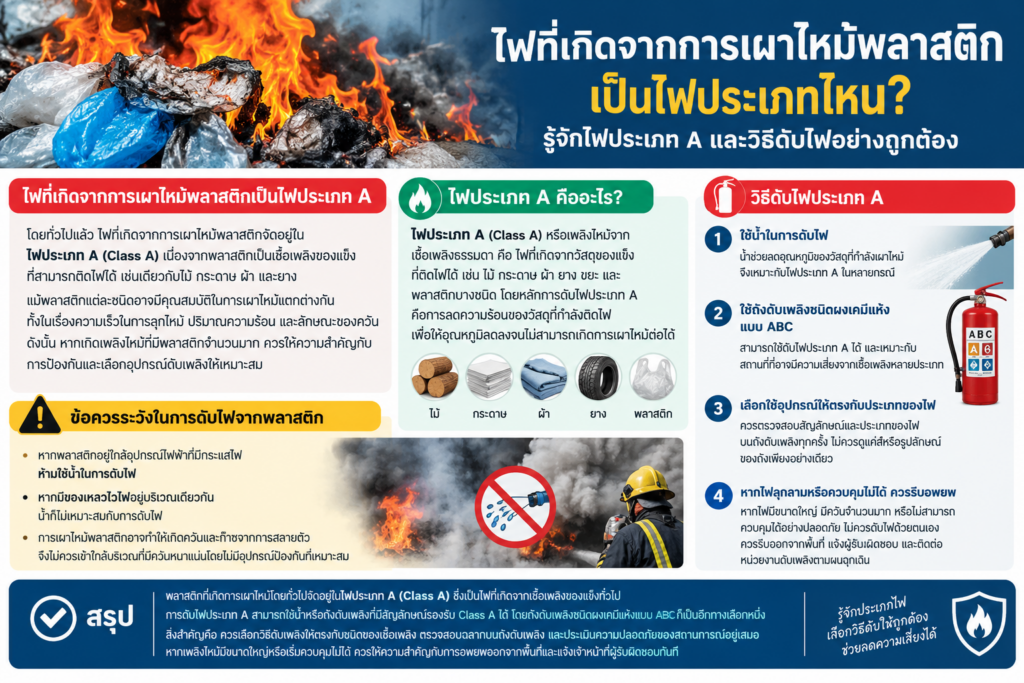ไฟที่เกิดจากการเผาไหม้พลาสติกเป็นไฟประเภทไหน? ไฟที่เกิดจากการเผาไหม้วัสดุประเภทพลาสติกก็คือไฟประเภท A ซึ่งนิยามว่าเป็นไฟที่เกิดจากเชื้อเพลิงที่เป็นของแข็งที่สามารถติดไฟได้